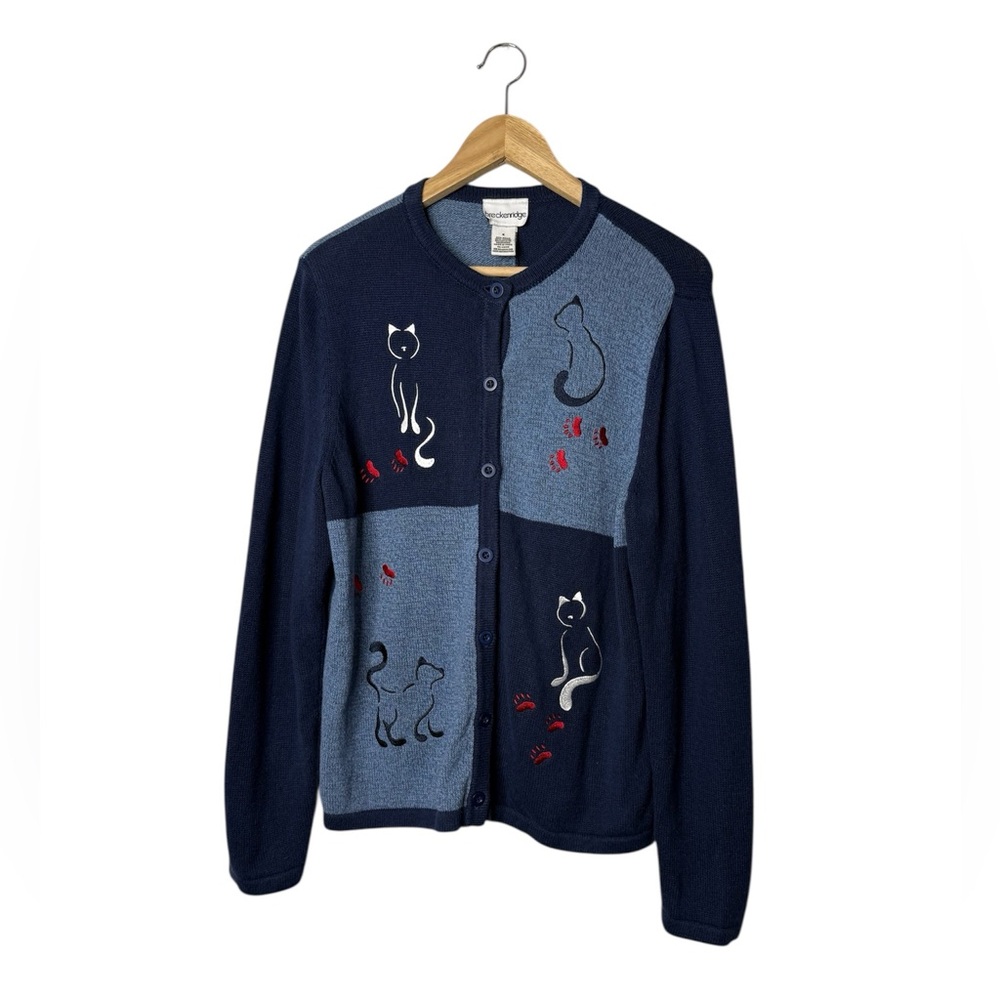 Vintage Breckenridge Cat Navy Blue Ramie Cotton Cardigan Sweater Medium